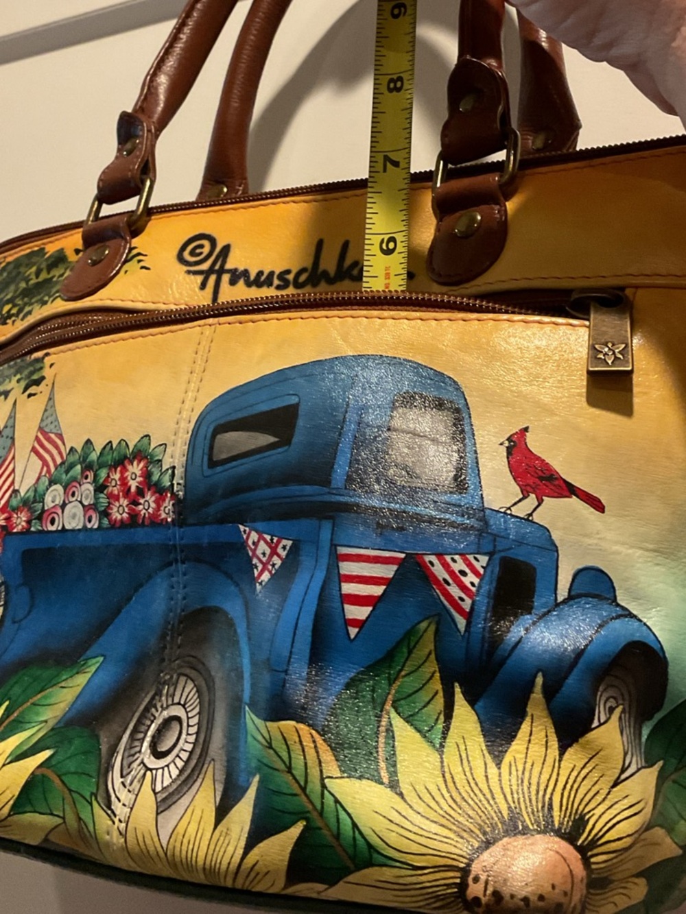 ANUSCHKA Blue Truck Barn Hand-Painted Leather Purse Handbag - Picture 11 of 15